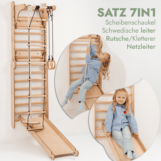 8in1 Kletterwand Indoor: Sprossenwand, Gymnastikringe, Hängende Leiter, Disc-Schaukel, Rutsche, Klimmzugstange, Maltafel und Kinderstuhl für Kinder – Beige